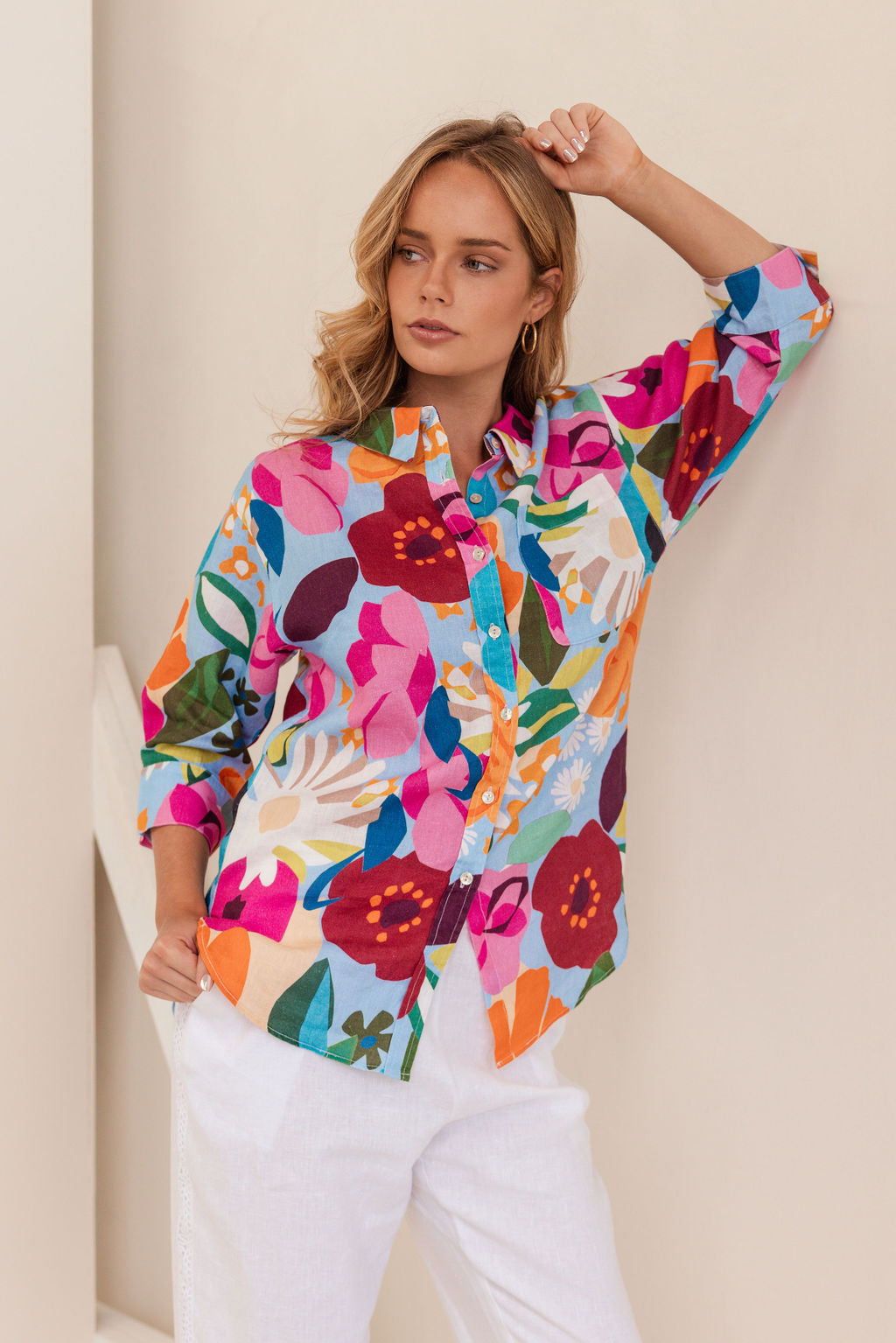 100% Linen 3/4 Sleeve Shirt in Bloom Burst