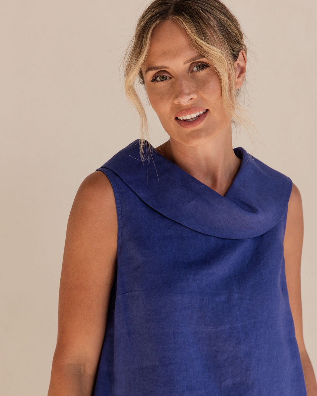 100% Linen Button Back Cowl Neck Top | Denim