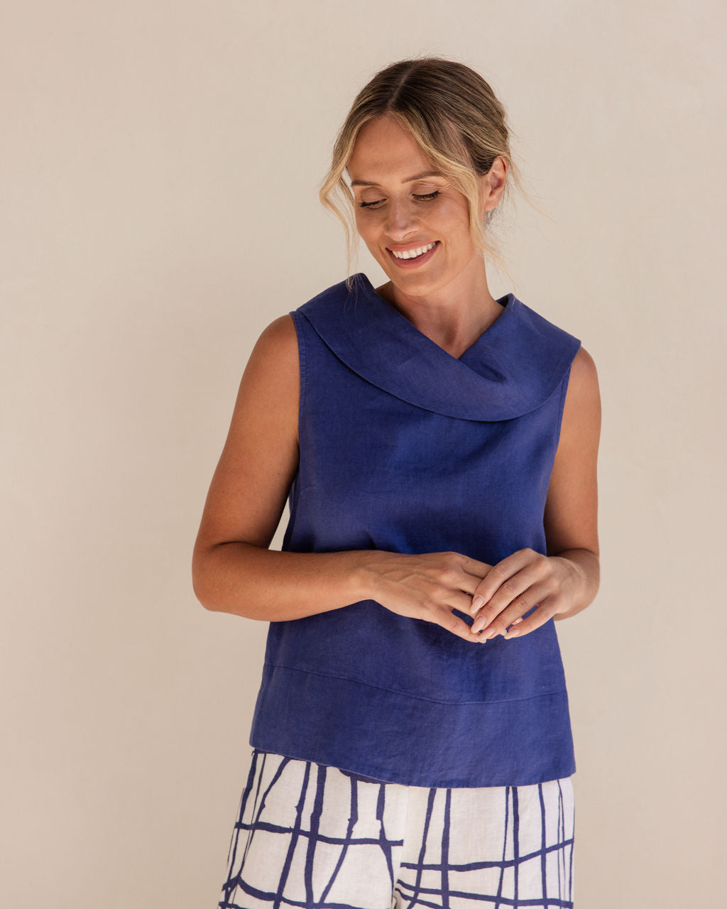 100% Linen Button Back Cowl Neck Top | Denim