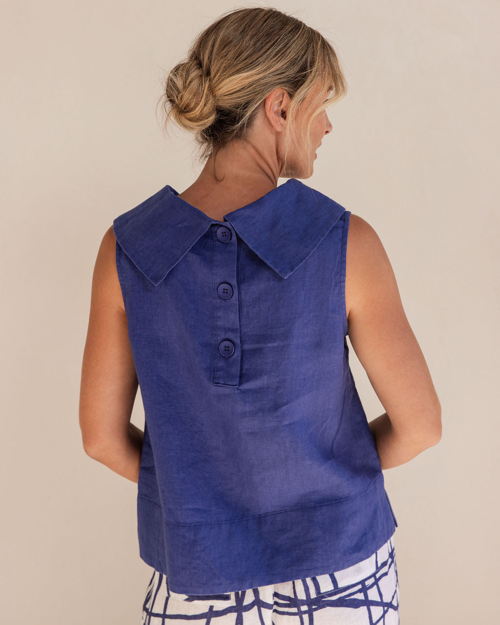100% Linen Button Back Cowl Neck Top | Denim