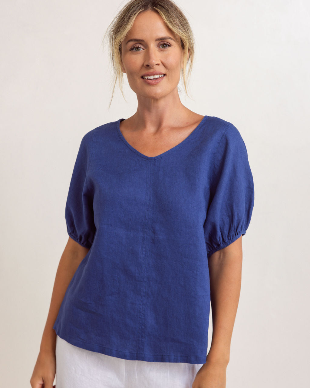 100% Linen V Neck Swing Top | Denim