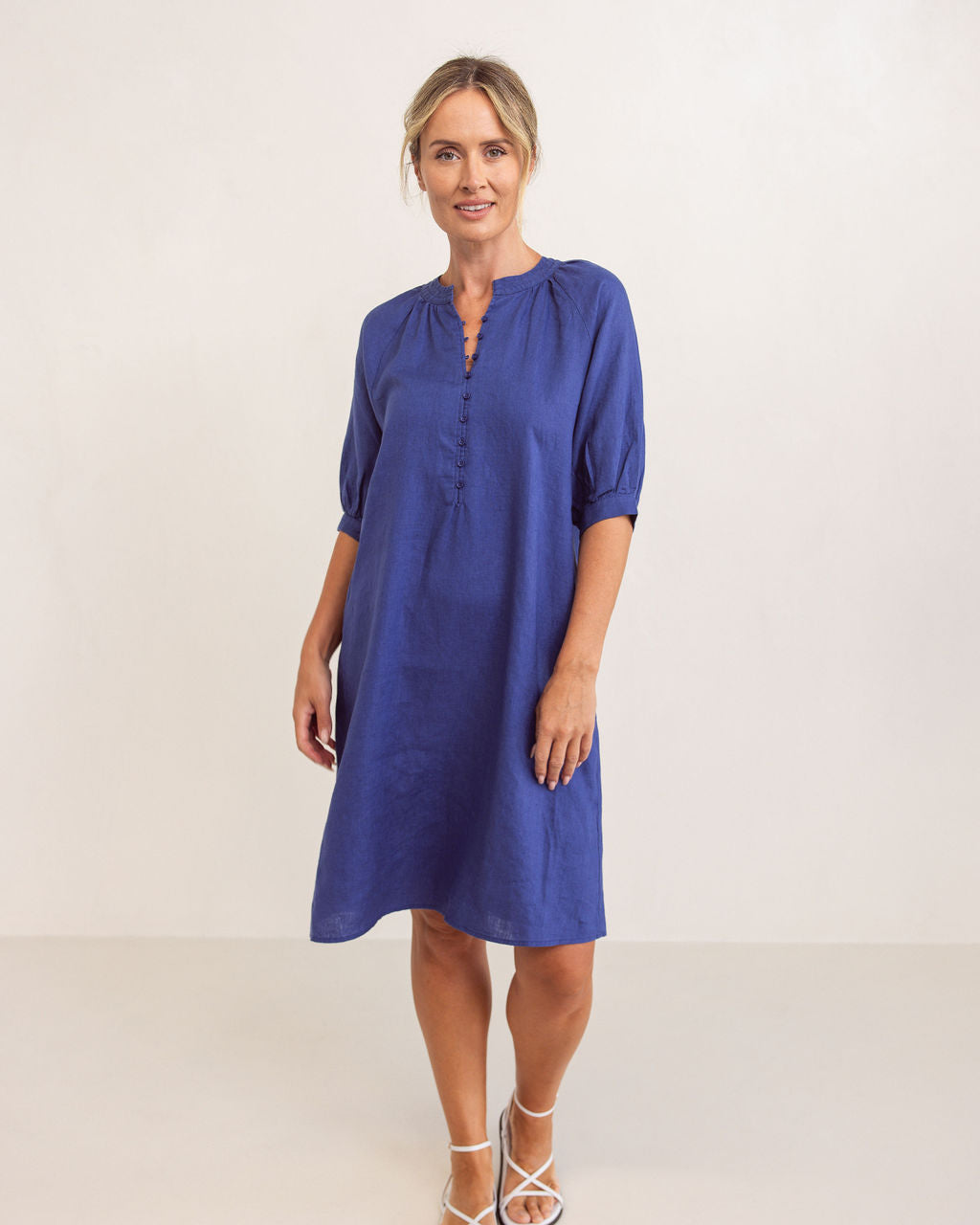 100% Linen Cuff Sleeve Button Detail Dress | Denim