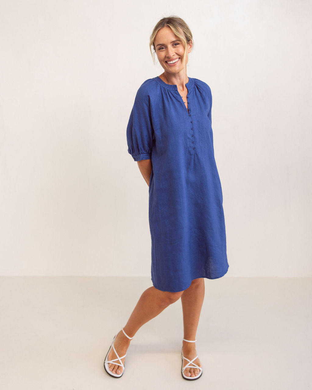 100% Linen Cuff Sleeve Button Detail Dress | Denim