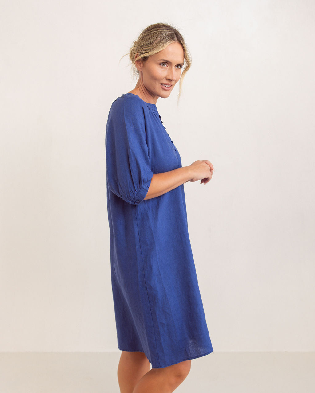 100% Linen Cuff Sleeve Button Detail Dress | Denim