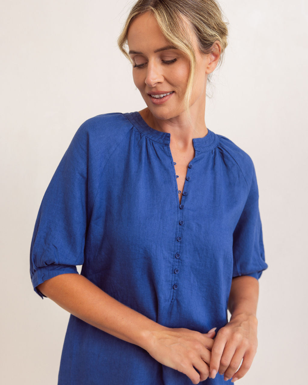 100% Linen Cuff Sleeve Button Detail Dress | Denim