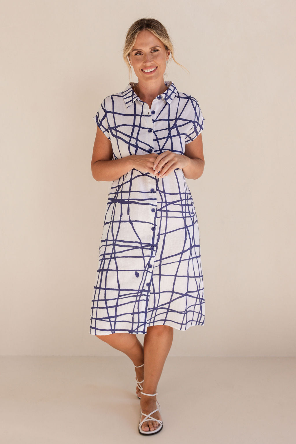 Tokyo Streets 100% Linen Extended Sleeve Dress | Denim/White