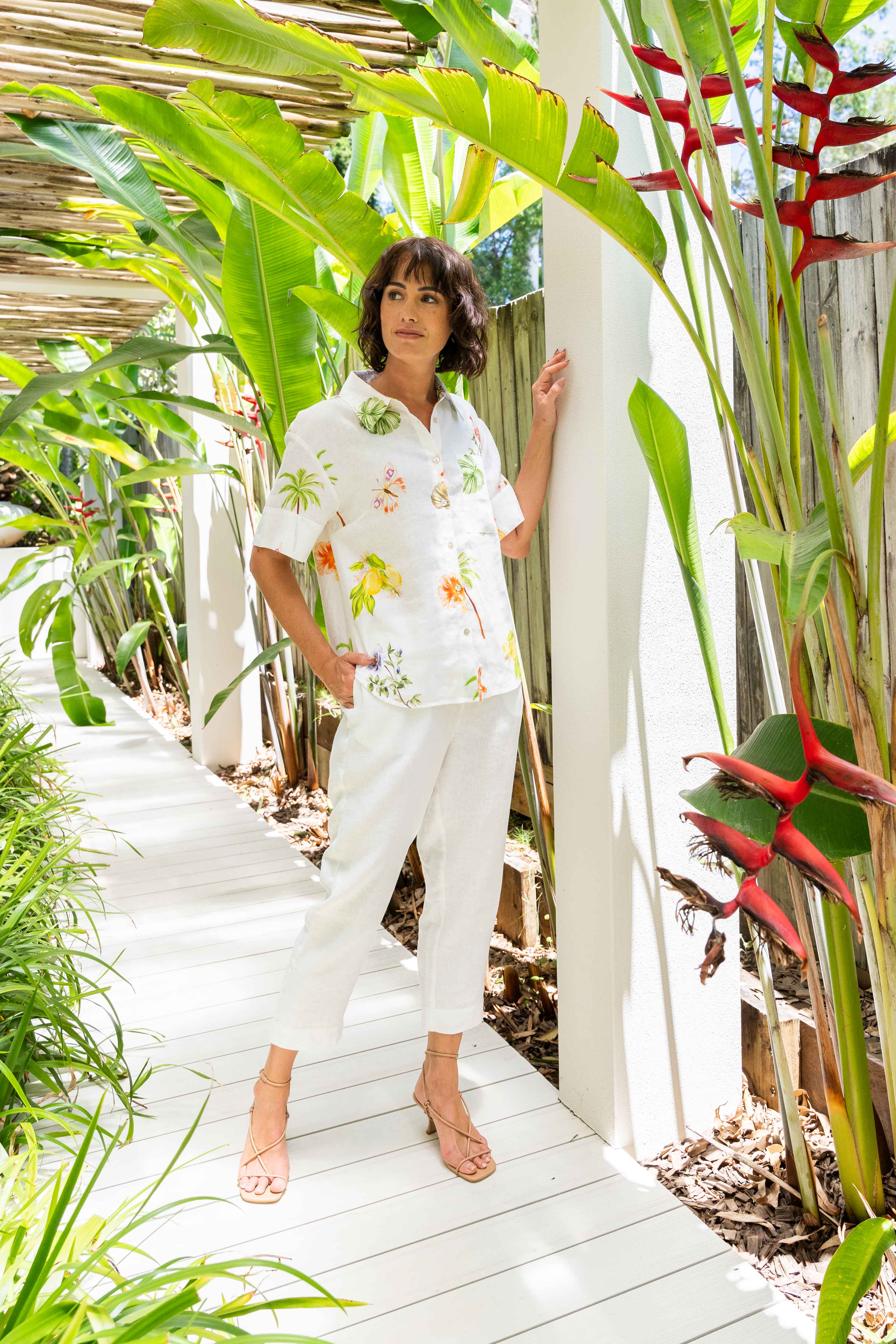 100% Linen 7/8 Flat Panel Pant in White