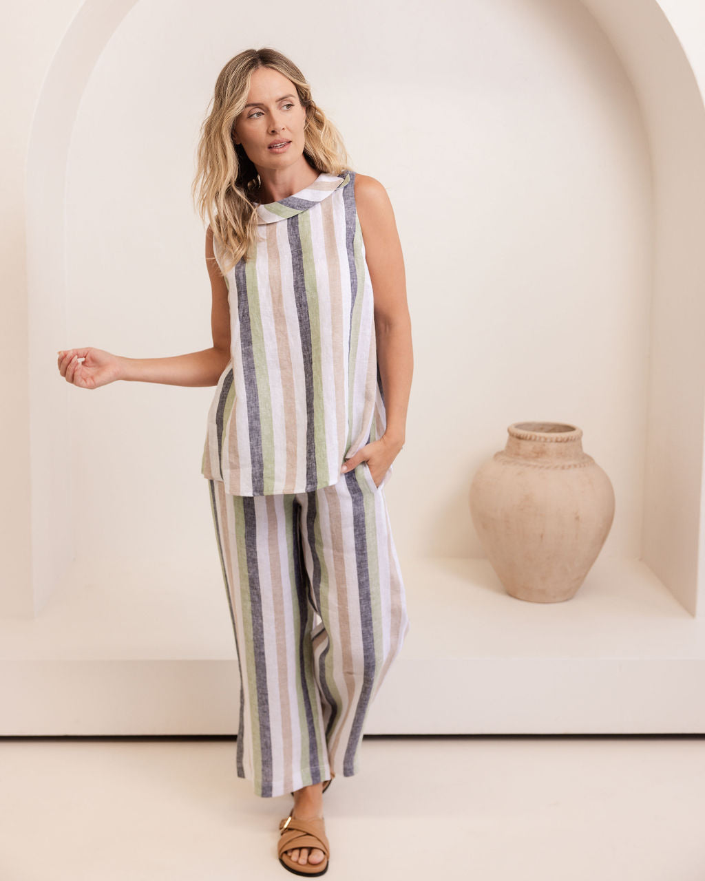 100% Linen 7/8 Wide Leg Elastic Waist Pant