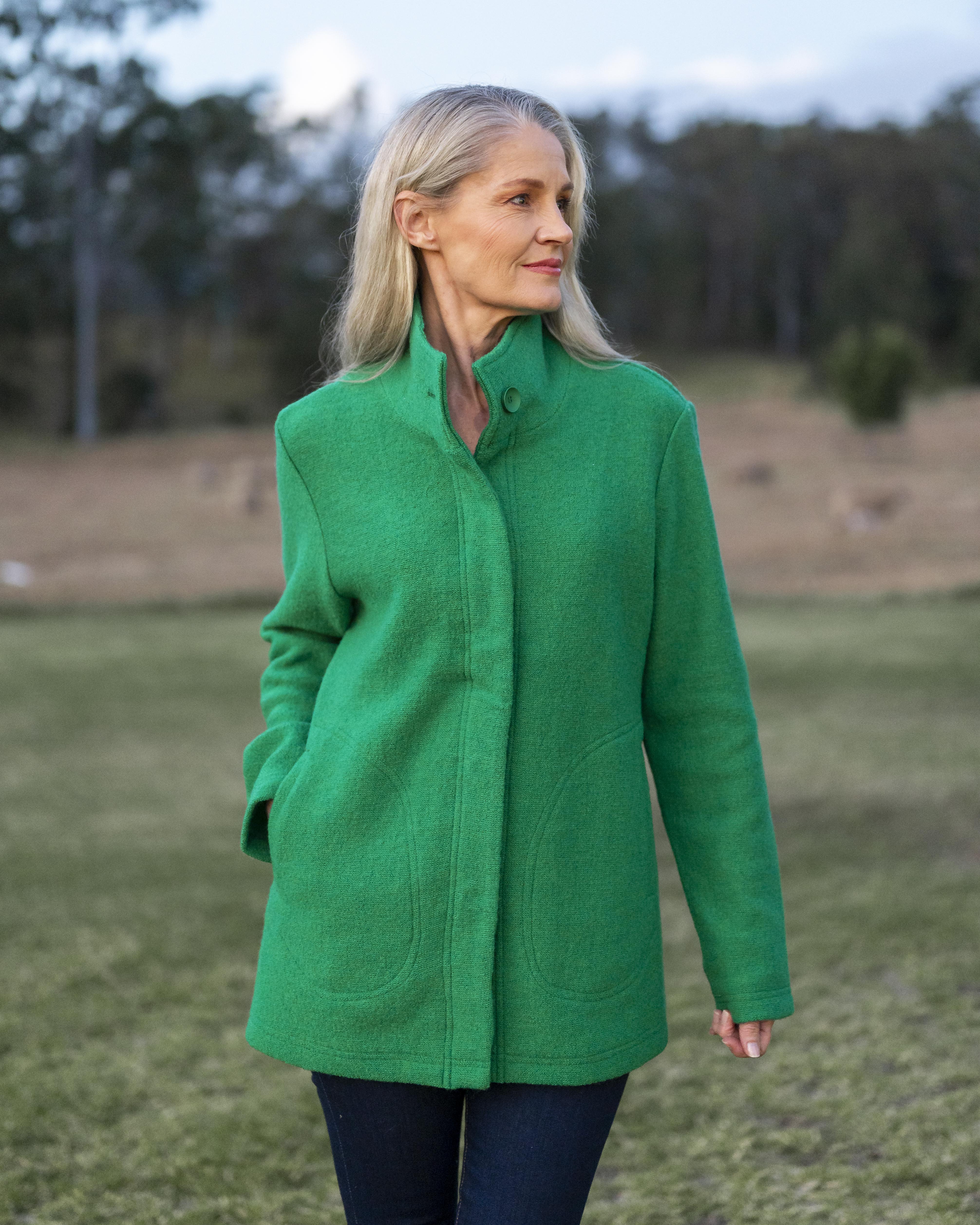 100% Boiled Wool Funnel Neck Coat- Emerald