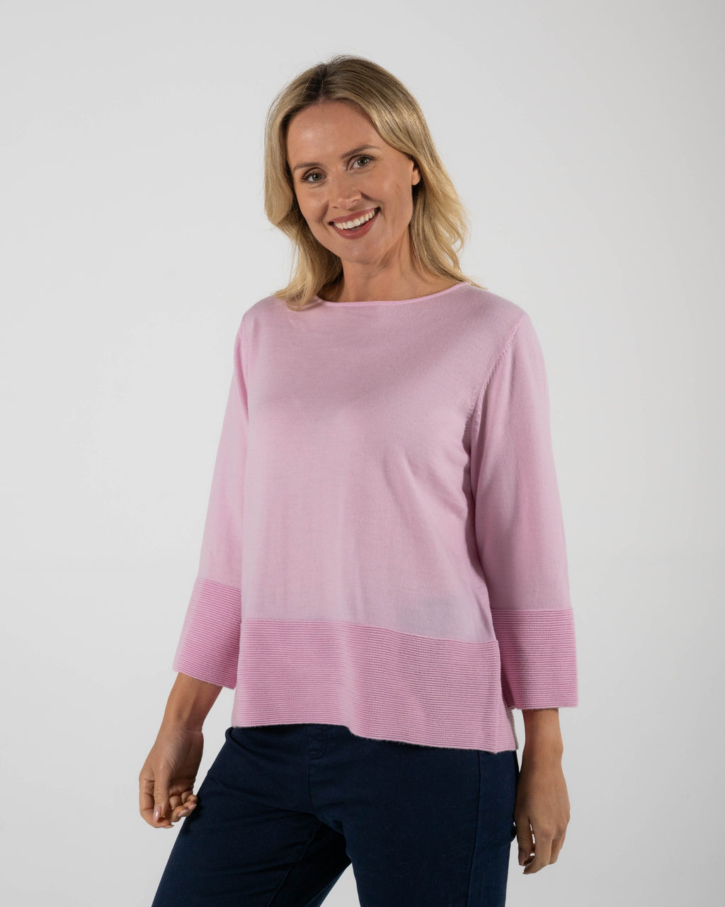 100% Merino 7/8 Sleeve Rib Sweater- Pink Blush