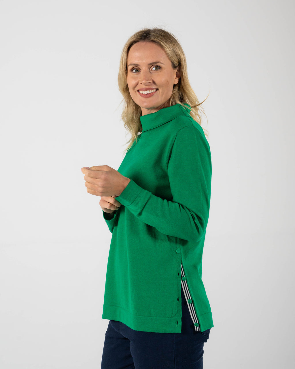 100% Merino Cowl Neck Side Button Sweater - Green