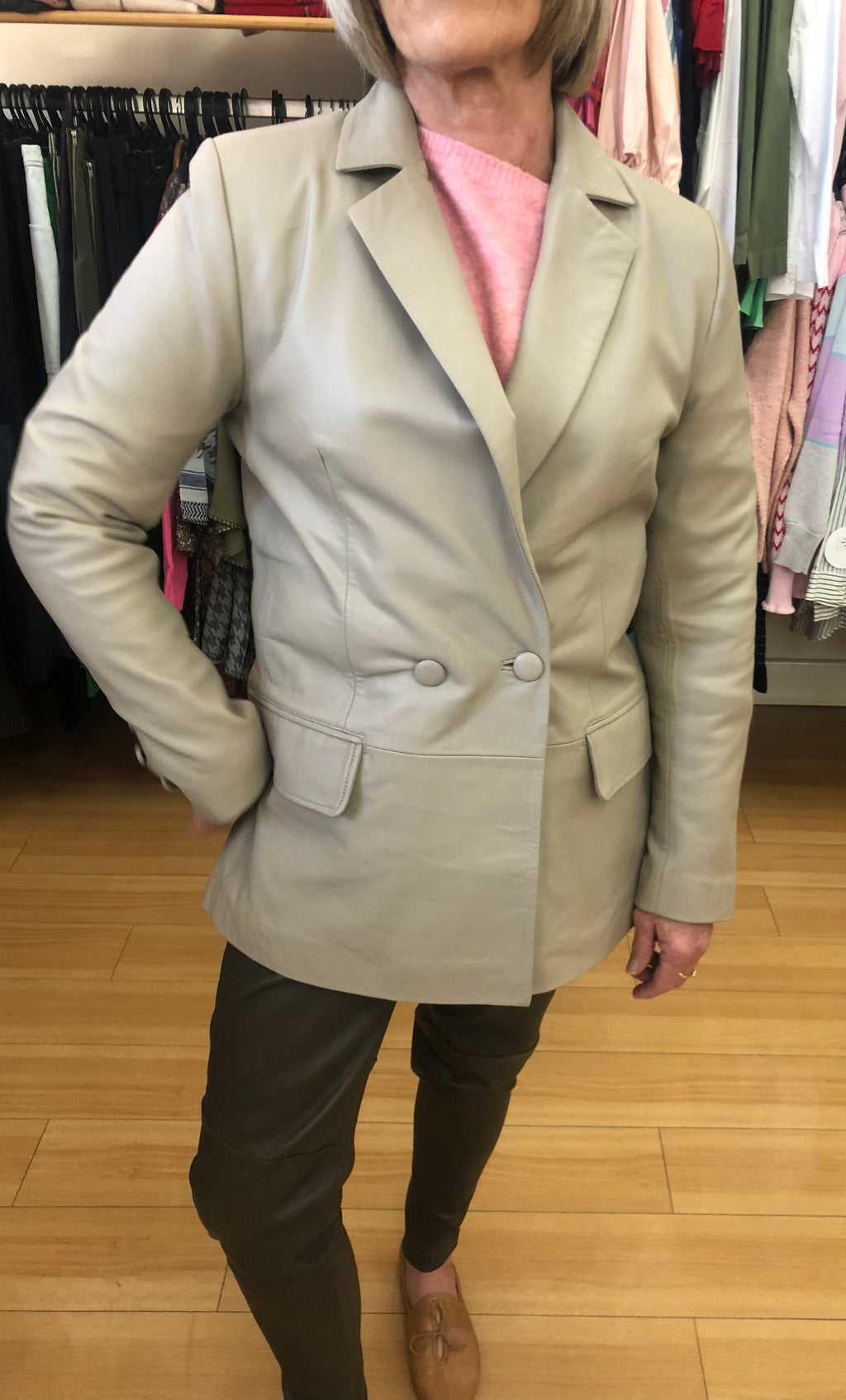 Double Breasted Leather Blazer- Taupe