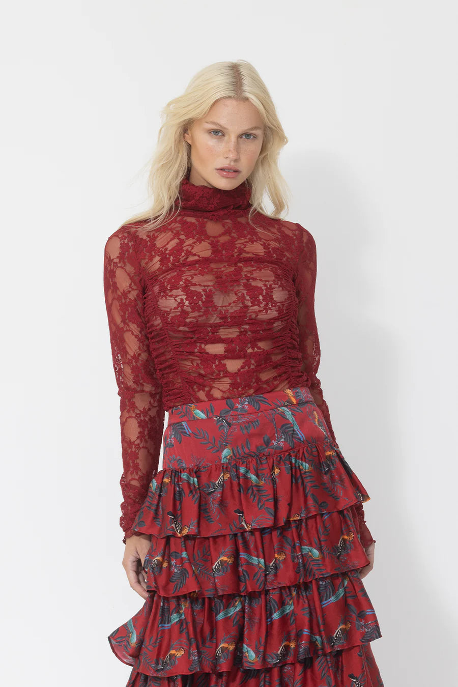 Geo Floral Lace Ruched Top